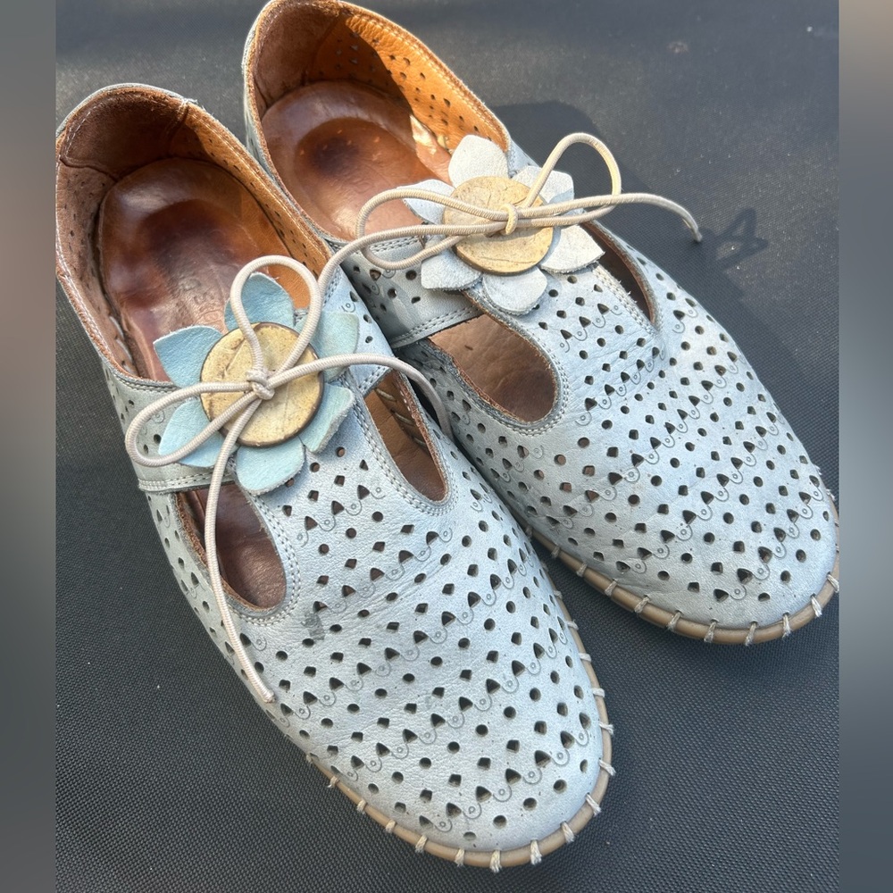 Spring Step Light Blue Perforated Leather Floral Tie-Top Flats